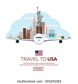 Travel to USA, New York Poster skyline. Statue of Liberty. Vector illustration