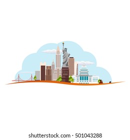 Travel to USA, New York Poster skyline. Statue of Liberty. Vector illustration