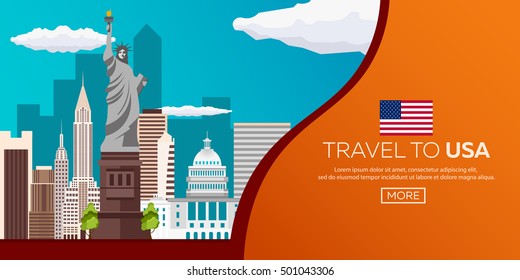 Travel to USA, New York Poster skyline. Statue of Liberty. Vector illustration