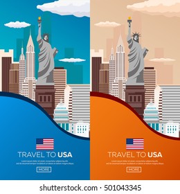 Travel to USA, New York Poster skyline. Statue of Liberty. Vector illustration