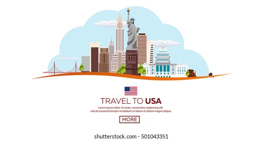 Travel to USA, New York Poster skyline. Statue of Liberty. Vector illustration