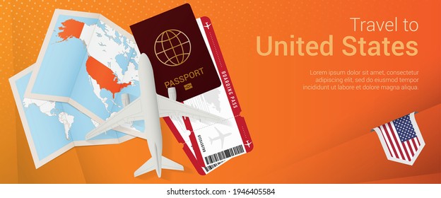 Travel to USA pop-under banner. Trip banner with passport, tickets, airplane, boarding pass, map and flag of USA. Vector template.