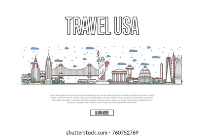 Travel USA poster with architectural attractions in linear style. Worldwide traveling and time to travel concept. American skyline with famous landmarks, country tourism and journey vector background.