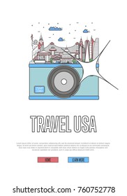 Travel USA poster with famous architectural attractions on big camera. Worldwide traveling and time to travel vector concept in linear style. American national landmarks, world tourism and journey
