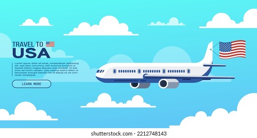 Travel to USA poster with flying plane and national flag. Banner for travel agency. Vector illustration.