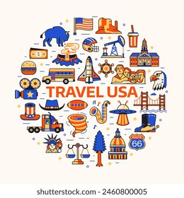 Travel USA Print mit amerikanischen Kultursymbolen und Wahrzeichen Icons im Kreis stilisiert. Amerika-Reisekarte mit Design-Elemente der Vereinigten Staaten wie Touristenattraktionen, Essen und Naturwunder.