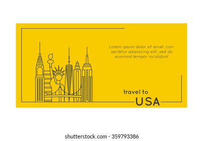 travel to usa quote style postcard. line flat modern vector illustration