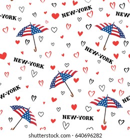 Travel USA seamless pattern. Love New York City background. Heart background with USA flag colored umbrella.
