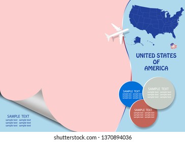 Travel USA template vector showing the airplane approaching the blind United States map. Vector contains page curl effect with a place for your text in an exposed corner.