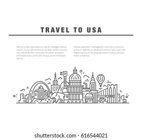 Travel to USA text and the national symbols in line style vector illustration.