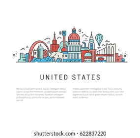 Travel to USA text and the national symbols in line style vector illustration.