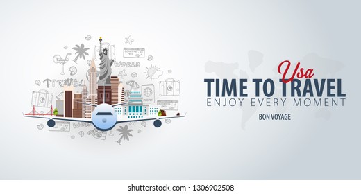 Travel to USA. Time to Travel. Banner with airplane and hand-draw doodles on the background. Vector Illustration