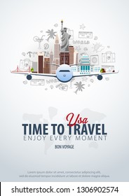 Travel to USA. Time to Travel. Banner with airplane and hand-draw doodles on the background. Vector Illustration