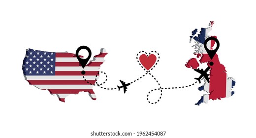 Travel from USA to United Kingdom by passenger plane. Airplane route. Freedom to travel. I love traveling by plane.