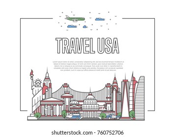 Travel USA. United States of America travel poster. USA attraction landmark on white background. Vector illustration
