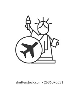 Travel to the USA vector icon. Statue of Liberty sign. Line style, editable stroke