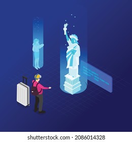 Travel to USA visiting Statue of Liberty in virtual world isometric 3d isometric 3d vector concept for banner, website, illustration, landing page, flyer, etc.