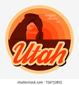 Travel Utah Destination Retro Round Icon, Emblem, Sticker Or Badge In Cartoon Flat Style With Shadow. Sunset In Arches National Park, USA.