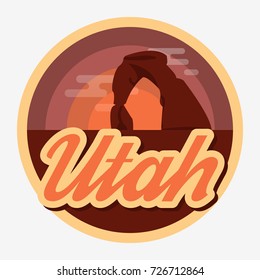 Travel Utah Destination Retro Round Icon, Emblem, Sticker Or Badge In Cartoon Flat Style With Shadow. Morning In Arches National Park, USA.