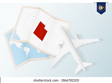 Travel to Utah, top view airplane with map and flag of Utah. Travel and tourism banner design.