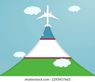 Travel to Uzbekistan by flight, destination concept, vacation in Uzbekistan, plane vector design, paper cut effect with blue sky and airplane, summer trip idea, country tourism banner