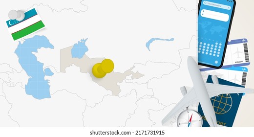 Travel to Uzbekistan concept, map with pin on map of Uzbekistan. Vacation preparation map, flag, passport and tickets. Vector illustration in flat design.