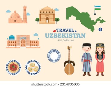 Juego de iconos llanos de Uzbekistán de viaje. Mapa de iconos de elementos uzbekos y colección de símbolos y objetos de puntos de referencia. Ilustración vectorial