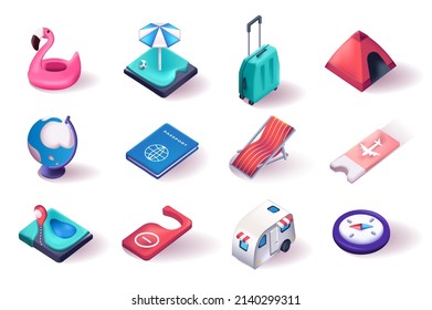 Travel vacation 3d isometric icons set.