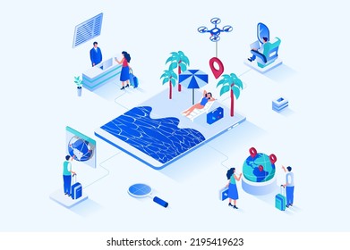 Travel vacation 3d isometric web design. People choose direction for travel, go on vacation with luggage, fly by plane, check into hotel and relax on tropical island by ocean. Vector web