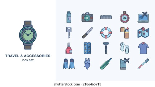 Travel and vacation Accessories linear coloured icon set