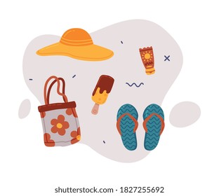 Travel or Vacation Accessories Set, Straw Hat, Flip Flops, Sunscreen Lotion and Ice Cream, Journey on Holidays, Adventure, Tourism Cartoon Style Vector Illustration