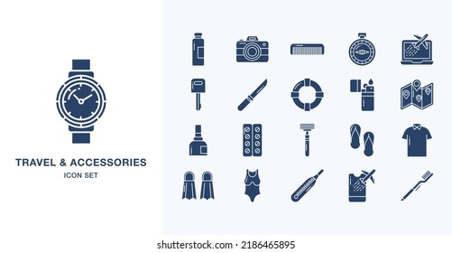 Travel and vacation Accessories solid icon set