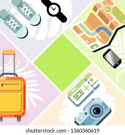 Travel or vacation accessories . Suitcase, mobile phone, map, perfume, hair dryer, ticket, camera and clothes.Colorful vector background in flat style.