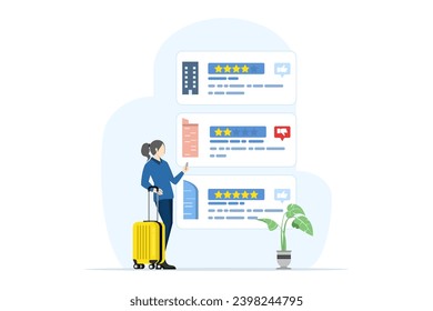 Travel, vacation and accommodation concept. tourists choose hotels and book rooms online flat vector illustration. Search or select hotels, inns and apartments via the internet. vector illustration.