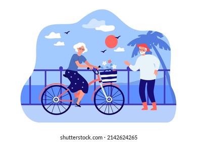 Travel vacation of active senior couple on sea beach. Old woman riding bicycle outdoors flat vector illustration. Retirement, holiday, leisure concept for banner, website design or landing web page