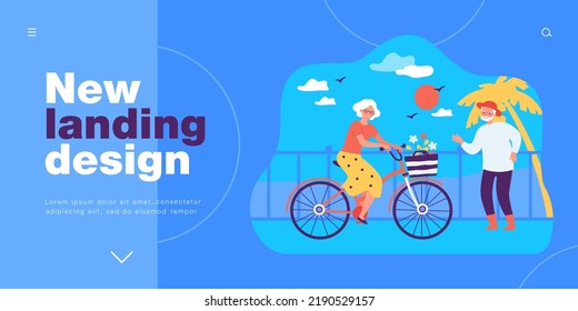 Viaje de vacaciones de pareja de mayores activos en playa de mar. Mujer mayor en bicicleta al aire libre ilustración vectorial plana. Jubilación, vacaciones, concepto de ocio para banner, diseño de sitio web o página web de aterrizaje