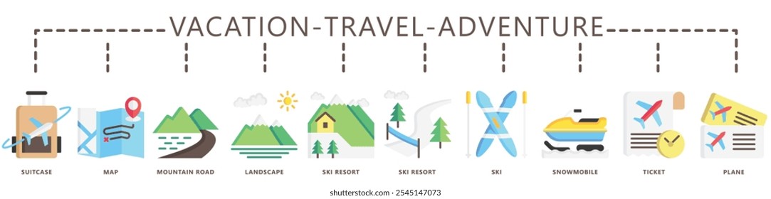 Travel, vacation, adventure flat color icon banner. contain suitcase, map, ticket, ski, snow mobile, mountain, winter, and more. Vector EPS 10. for print, UI or UX kit, web and app development