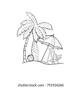 Travel vacation background. Palma, surfboard, ball, umbrella, sunbed. Sketching by hand