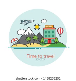 Travel and vacation banner. A trip to the world. Travel to the world. Vacation. Road trip. Tourism. Tourist banner. Trip. Travel illustration. Modern flat design.
