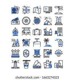 Icono, vector e ilustración del contorno azul de viaje y vacaciones