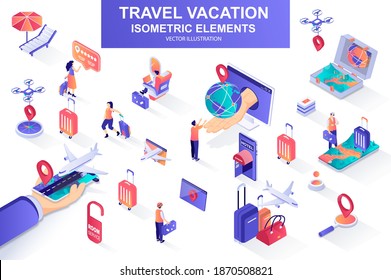 Travel vacation bundle of isometric elements. Flight booking, airplane boarding, tourist with luggage, travel agency, hotel reservation icons. Isometric vector illustration kit with people characters.