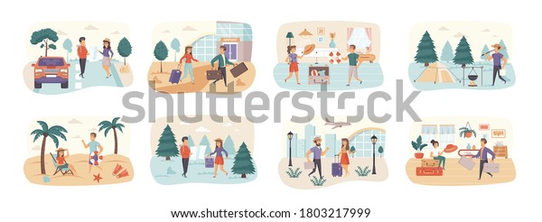 Travel vacation bundle of scenes with\
people characters. Couple with luggage boarding in airport\
situations. Summertime beach vacation, camping in forest, traveling\
by car cartoon vector\
illustration.