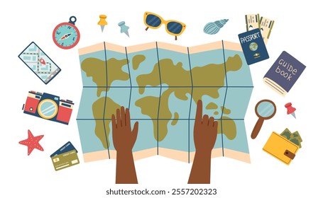 Travel, vacation, business trip concept banner. Human hands showing on the map a point of destination and travel objects around. Vector flat clipart.