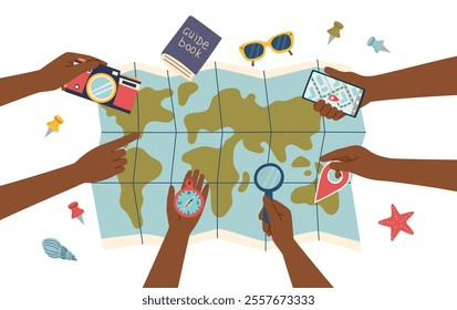 Travel, vacation, business trip concept banner. Human hands holding travel objects around world map. Vector flat clipart.