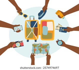 Travel, vacation, business trip concept banner. Human hands holding travel objects and opened suitcase in the middle. Vector flat template.