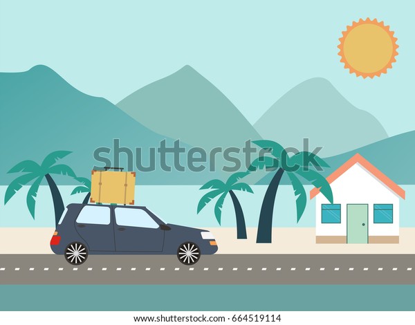 Travel and vacation. Travel\
by car with baggage on the top. Summer journey concept. Vector\
illustration.