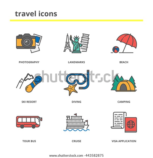 Travel and vacation color vector icons set:\
photography tour, landmarks, beach, ski resort, diving, camping,\
tour bus, cruise, visa\
application