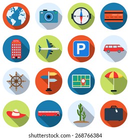 Travel and vacation colorful vector icons. Flat design style elements collection.