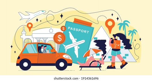 Travel vacation composition with location signs and relaxing people with car passport and places of interest vector illustration