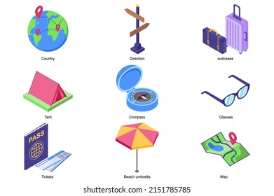 Travel vacation concept 3d isometric icons set. Pack elements of country, direction sign, suitcase, tent, compass, glasses, ticket, beach umbrella, map. Vector illustration in modern isometry design